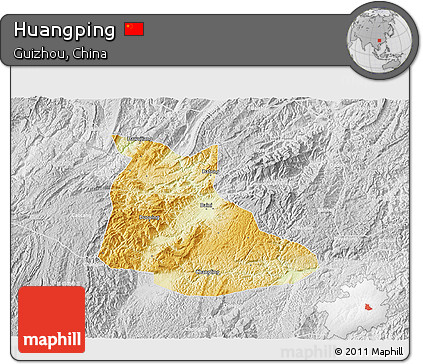 Physical 3D Map of Huangping, lighten, desaturated