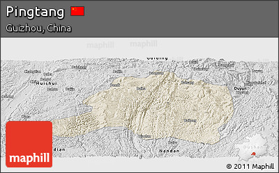 Shaded Relief Panoramic Map of Pingtang, desaturated