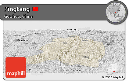 Shaded Relief Panoramic Map of Pingtang, desaturated