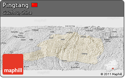 Shaded Relief Panoramic Map of Pingtang, desaturated