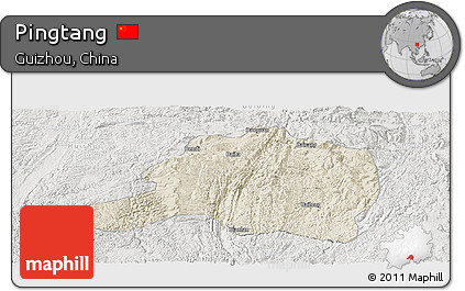 Shaded Relief Panoramic Map of Pingtang, lighten, semi-desaturated