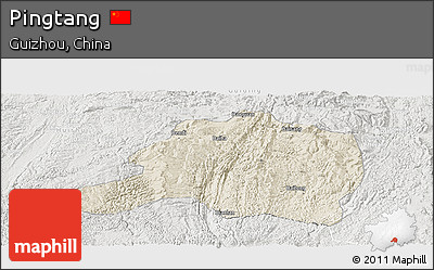 Shaded Relief Panoramic Map of Pingtang, lighten, semi-desaturated