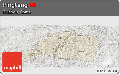 Shaded Relief Panoramic Map of Pingtang, lighten, semi-desaturated