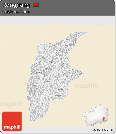 Classic Style 3D Map of Rongjiang, single color outside