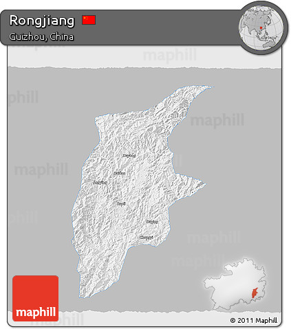 Gray 3D Map of Rongjiang, single color outside