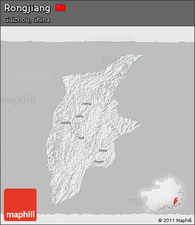 Gray 3D Map of Rongjiang, single color outside