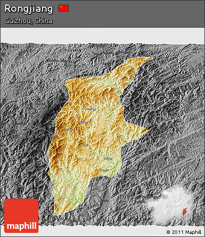 Physical 3D Map of Rongjiang, darken, desaturated