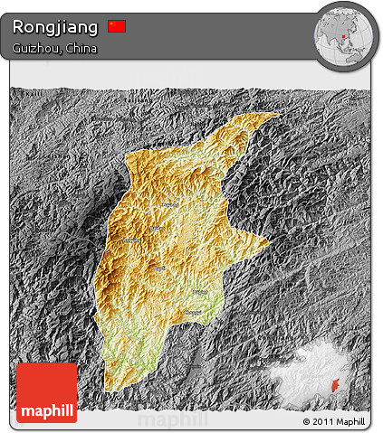 Physical 3D Map of Rongjiang, darken, desaturated