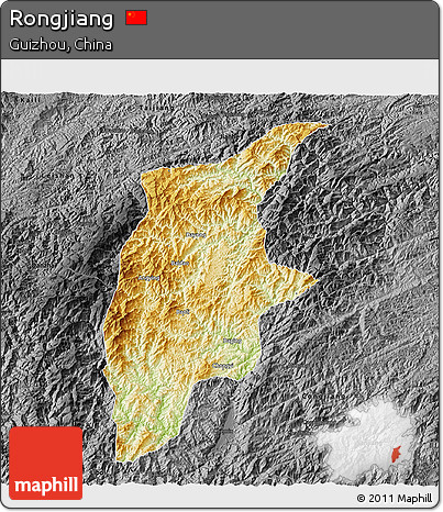 Physical 3D Map of Rongjiang, darken, desaturated