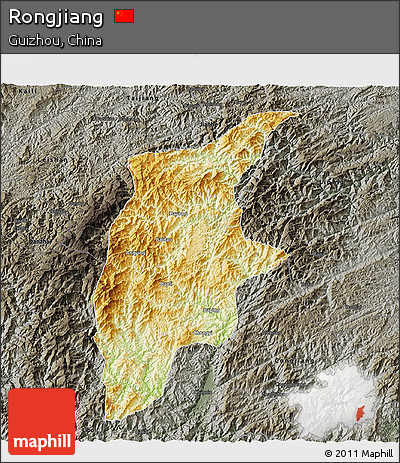 Physical 3D Map of Rongjiang, darken, semi-desaturated