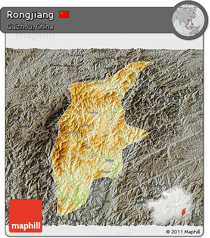 Physical 3D Map of Rongjiang, darken, semi-desaturated