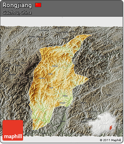 Physical 3D Map of Rongjiang, darken, semi-desaturated
