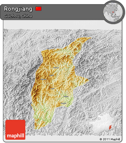 Physical 3D Map of Rongjiang, lighten, desaturated