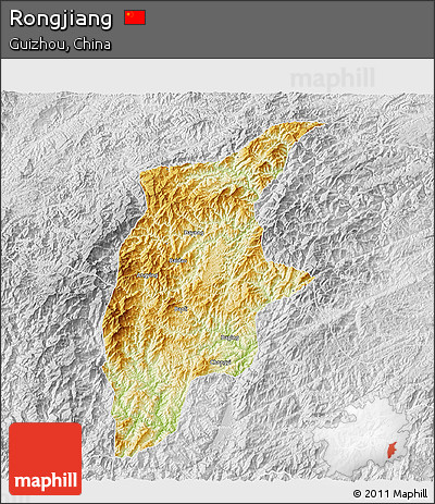 Physical 3D Map of Rongjiang, lighten, desaturated