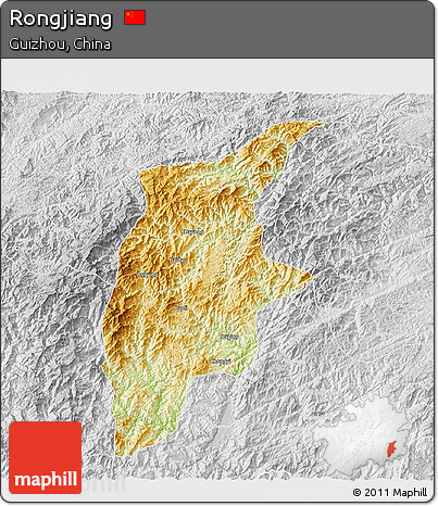 Physical 3D Map of Rongjiang, lighten, desaturated