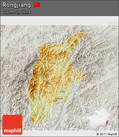 Physical 3D Map of Rongjiang, lighten, semi-desaturated