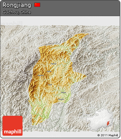 Physical 3D Map of Rongjiang, lighten, semi-desaturated
