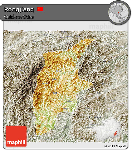 Physical 3D Map of Rongjiang, semi-desaturated