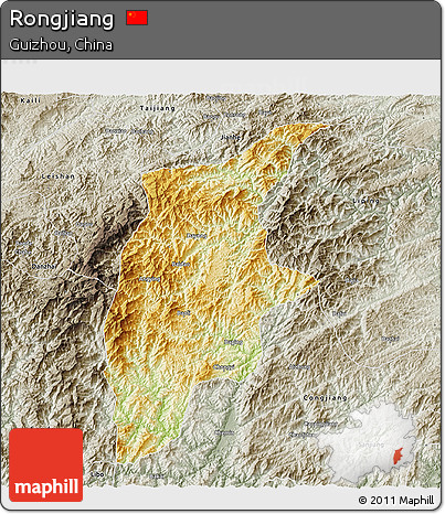 Physical 3D Map of Rongjiang, semi-desaturated