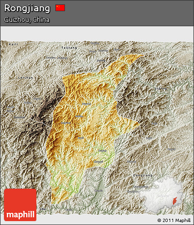Physical 3D Map of Rongjiang, semi-desaturated