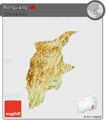 Physical 3D Map of Rongjiang, single color outside