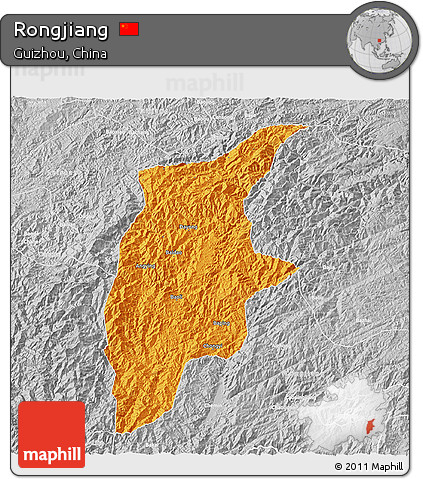 Political 3D Map of Rongjiang, lighten, desaturated
