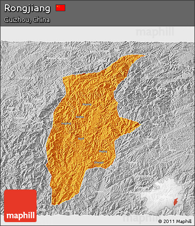 Political 3D Map of Rongjiang, lighten, desaturated