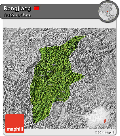 Satellite 3D Map of Rongjiang, lighten, desaturated