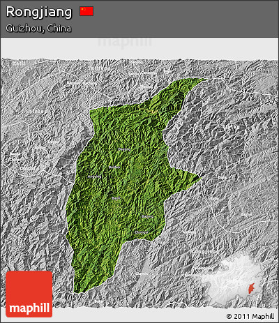 Satellite 3D Map of Rongjiang, lighten, desaturated