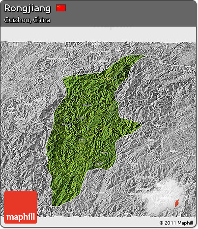 Satellite 3D Map of Rongjiang, lighten, desaturated