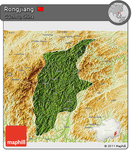 Satellite 3D Map of Rongjiang, physical outside