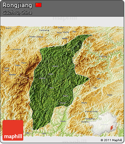 Satellite 3D Map of Rongjiang, physical outside