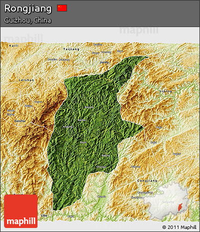 Satellite 3D Map of Rongjiang, physical outside
