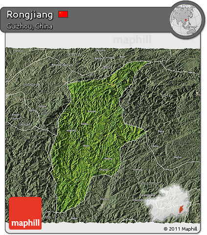 Satellite 3D Map of Rongjiang, semi-desaturated