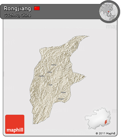 Shaded Relief 3D Map of Rongjiang, cropped outside