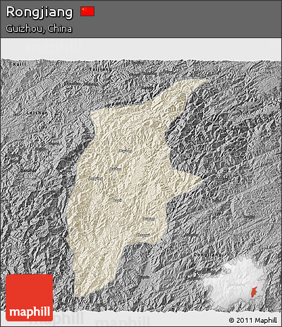 Shaded Relief 3D Map of Rongjiang, darken, desaturated
