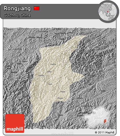 Shaded Relief 3D Map of Rongjiang, darken, desaturated