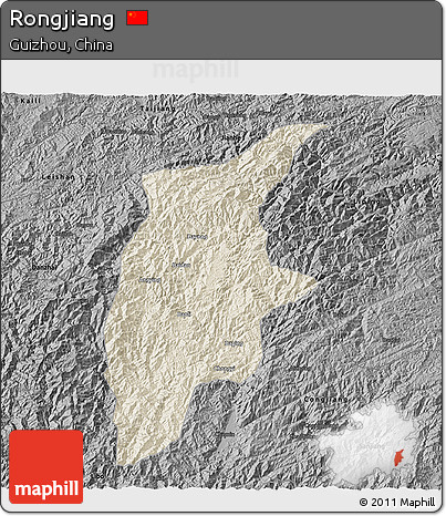 Shaded Relief 3D Map of Rongjiang, darken, desaturated