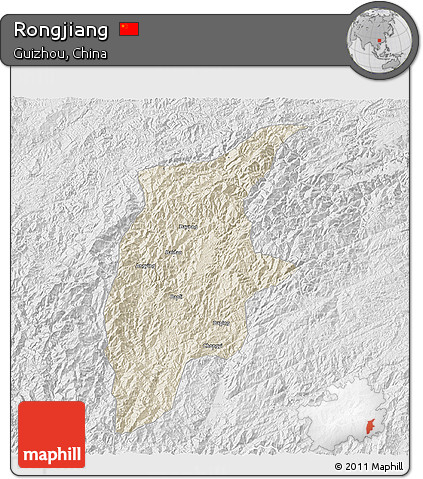 Shaded Relief 3D Map of Rongjiang, lighten, desaturated