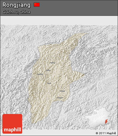 Shaded Relief 3D Map of Rongjiang, lighten, desaturated