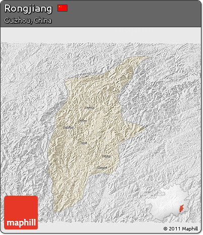 Shaded Relief 3D Map of Rongjiang, lighten, desaturated