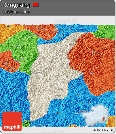 Shaded Relief 3D Map of Rongjiang, political outside