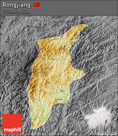 Physical Map of Rongjiang, darken, desaturated