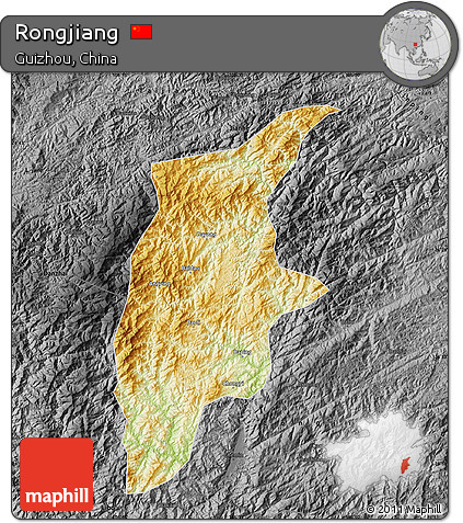 Physical Map of Rongjiang, darken, desaturated
