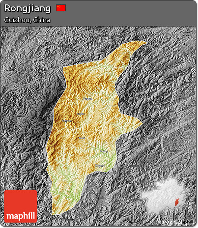 Physical Map of Rongjiang, darken, desaturated