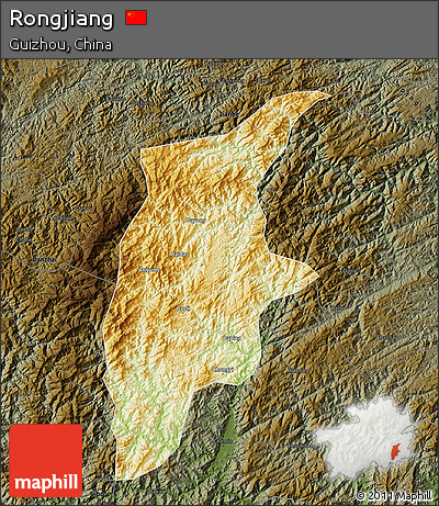 Physical Map of Rongjiang, darken