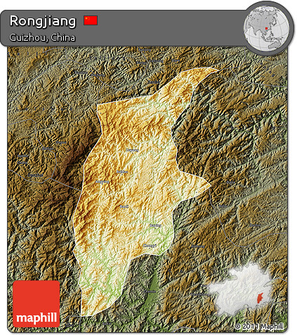 Physical Map of Rongjiang, darken