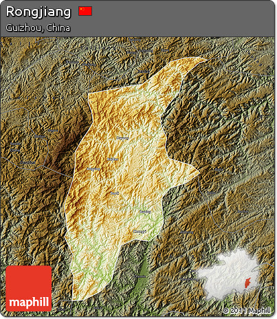 Physical Map of Rongjiang, darken