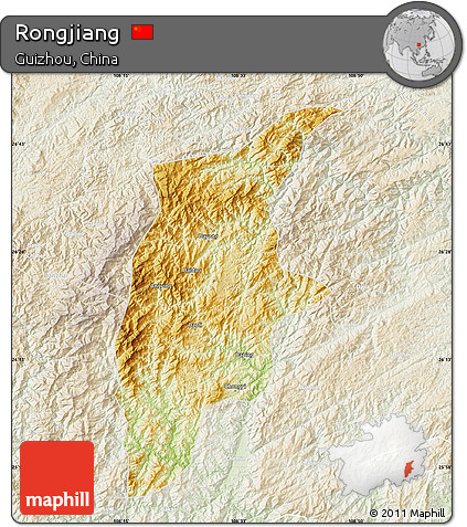 Physical Map of Rongjiang, lighten