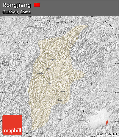 Shaded Relief Map of Rongjiang, desaturated